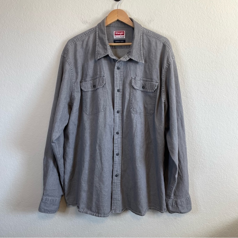 Wrangler Mens Premium Quality Comfort Flex Long Sleeve Gray Button Up Shirt 3XL